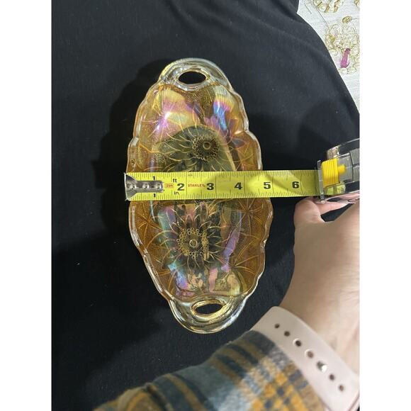 Vintage Amber Carnival Indiana Glass Iridescent Daisy Sunflower Oval Dish - Picture 5 of 5